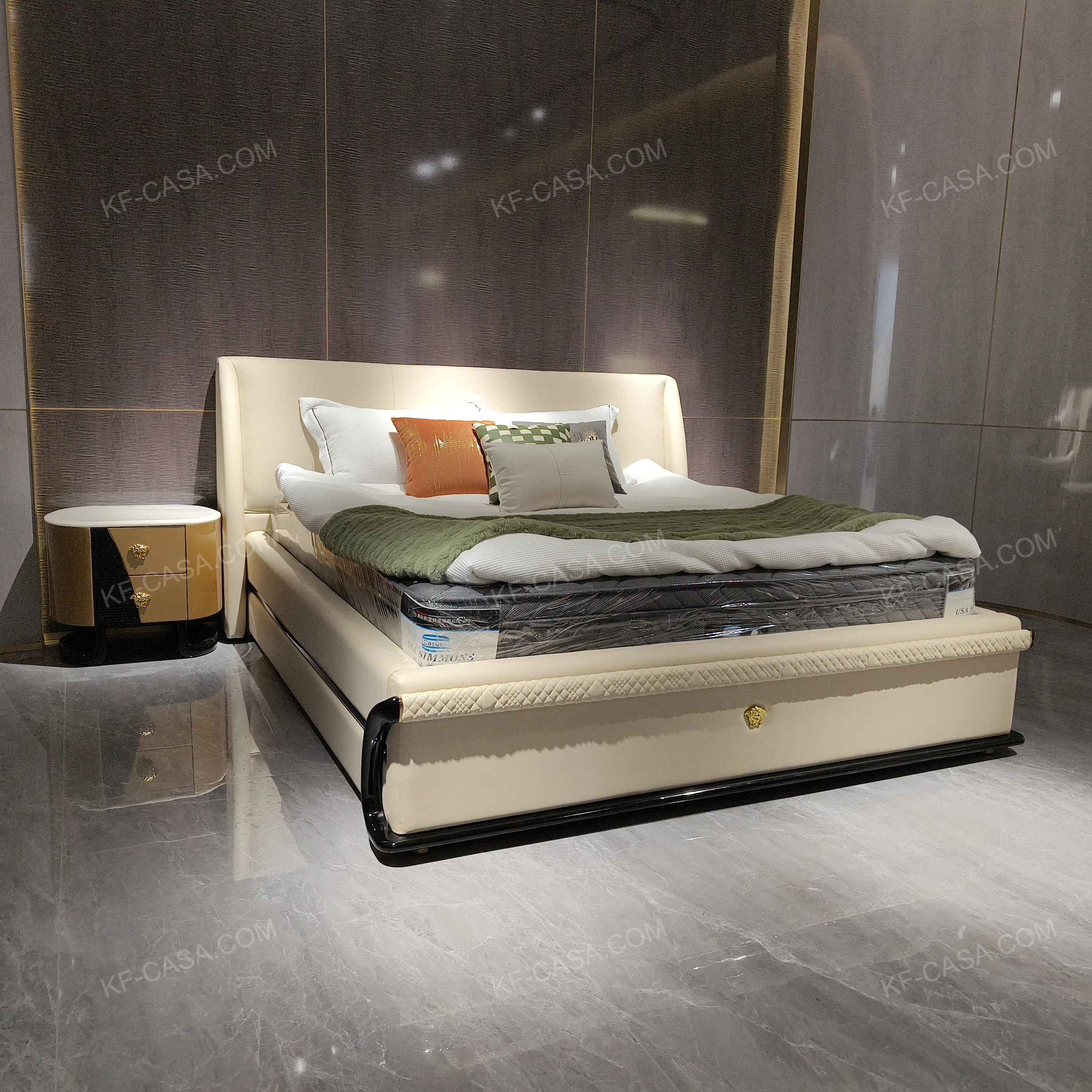 Creamy Ivory Upholstered Bed with Diamond-Quilted Detailing, Gilded Emblem & High-Gloss Natural Wood Veneer Trim